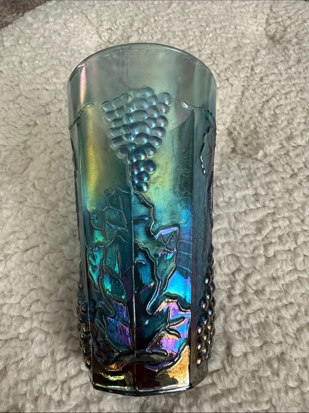 Indiana Glass tumbler Harvest Grape featuring a distinctive blue carnival glass